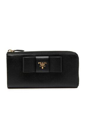 Prada Logo Ribbon L-shaped Zipper Wallet Nero Black Saffiano Leather